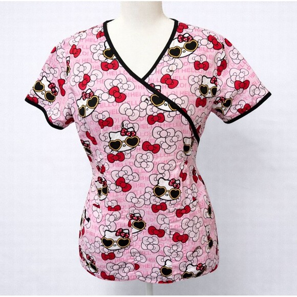 Hello Kitty Tops - Hello Kitty Pink Nurse Scrub Medical Care Top Small Cute Sunglasses Bow Kawaii